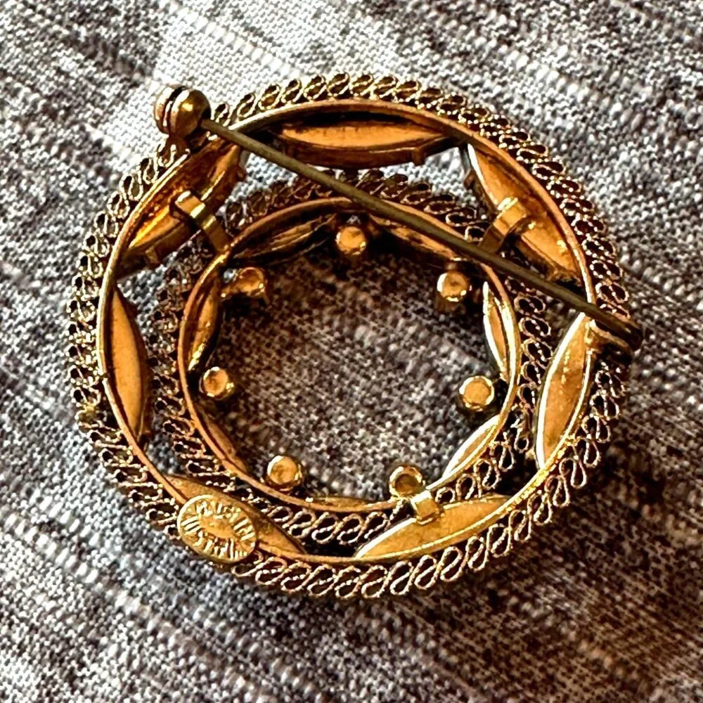 Vintage Made In Austria Gold-Tone Rhinestone & Amber Glass Circular Brooch Pin - Picture 6 of 6